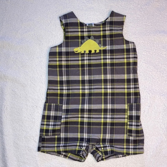 Carters 24m grey plaid dinosaur jon jon romper - Picture 1 of 8